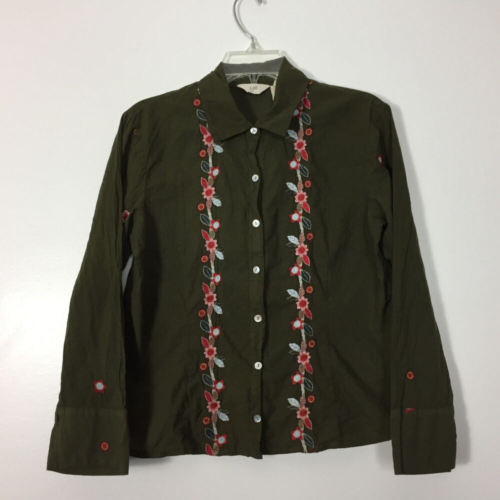 (Ma) Y2K J. Jill Womens Shirt Top Size Petite M Embroidered Green Corpcore Fairy